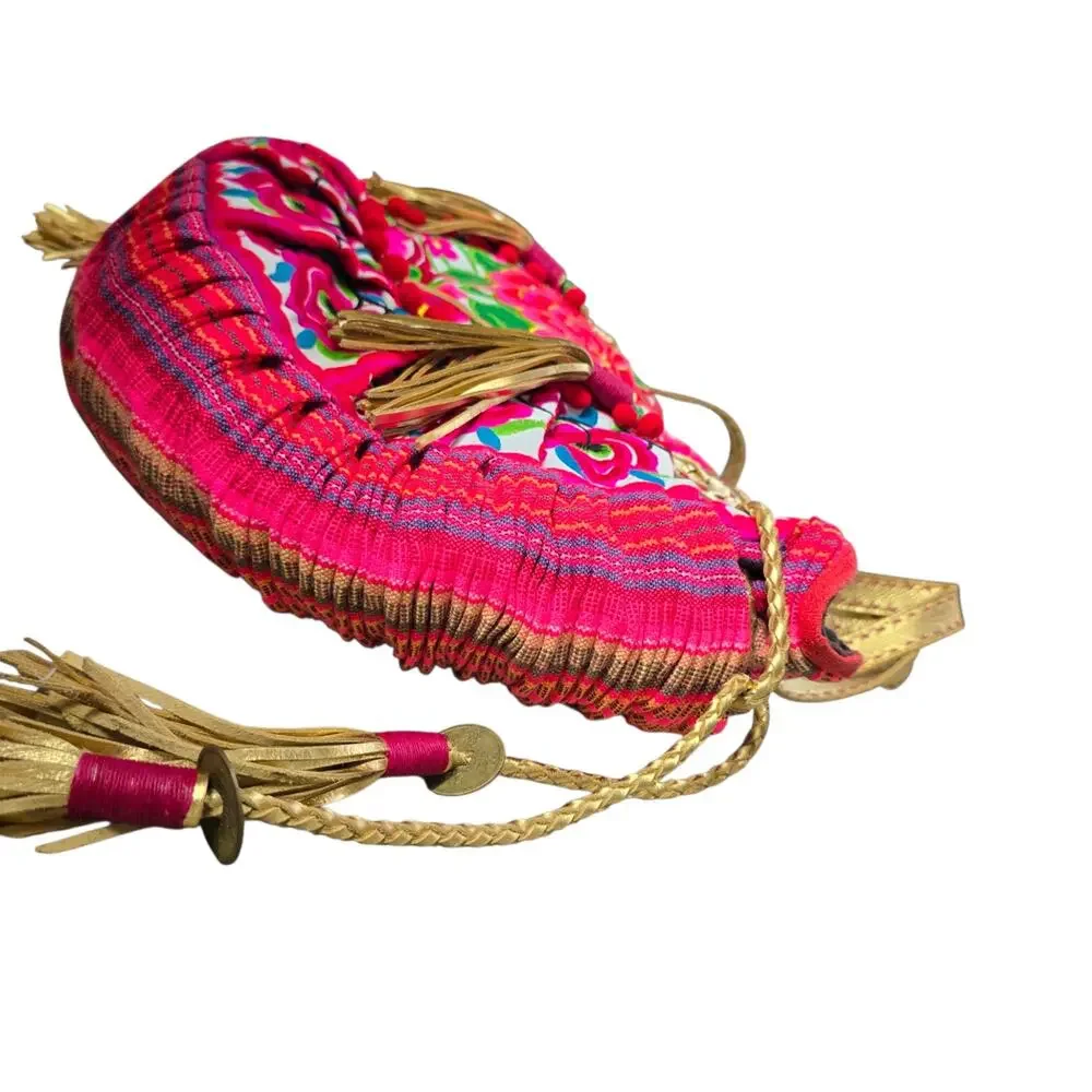 Boho Floral Embroidered Half Moon Shoulder Bag Ethnic Thai Tote Pink